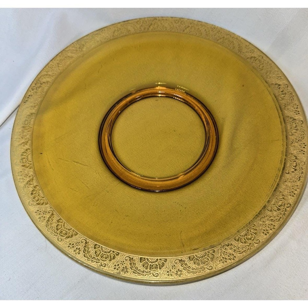 Vintage Amber With Gold Rim, Ramblin Rose Pattern Dinner Plate 10 Inch